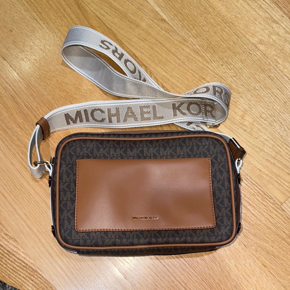 Michael Kors Brown and Tan Crossbody Bag with Signature Monogram